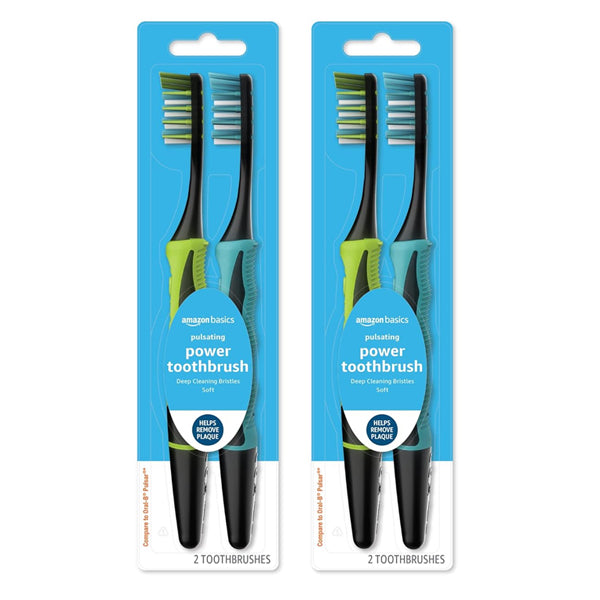 Get two packs of Amazon Basics Pulsating Soft Deep Cleaning Toothbrushes (2 ct each), featuring VibraClean bristles and black handles with green or blue accents for a thorough clean.